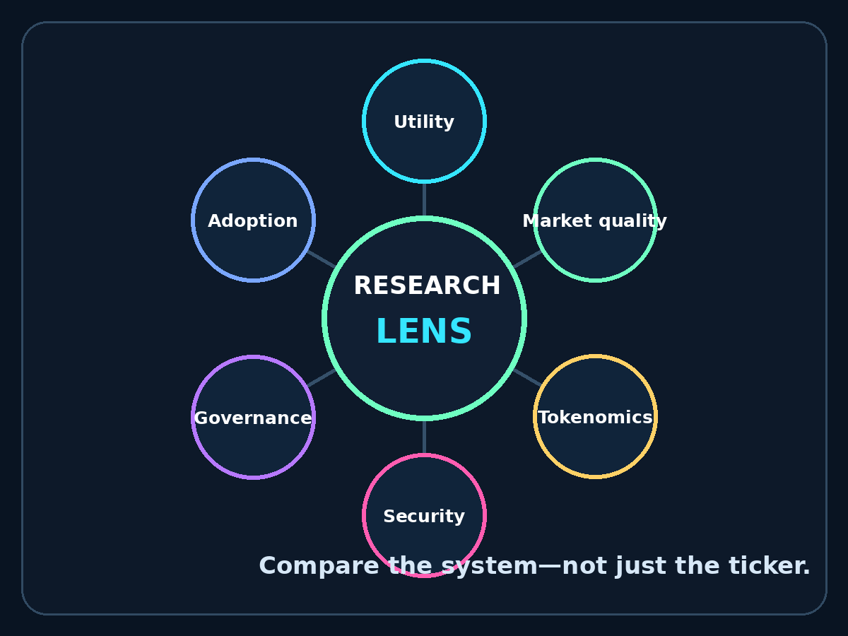 Six-part altcoin research lens diagram